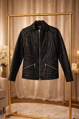 Frank Lyman Black Quilted Faux Leather Moto Jacket Faux Fur Lined Sz 8 Casual